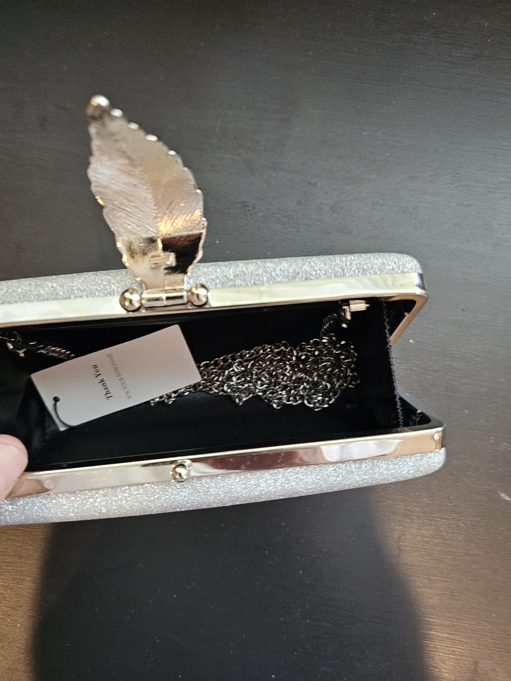 NWT Silver Glitter Evening Clutch with Chain Strap